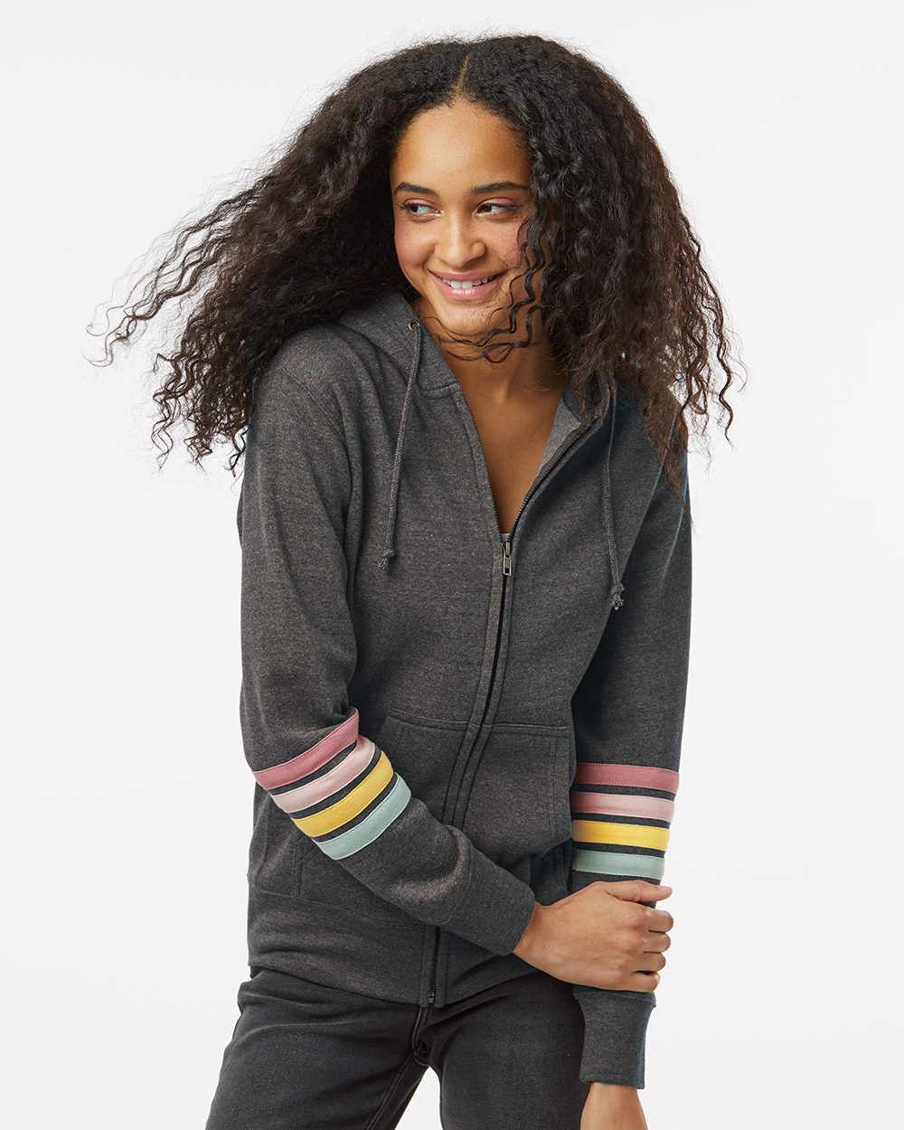 MV Sport Women's Striped Sleeves Full-Zip Hooded Sweatshirt W22732